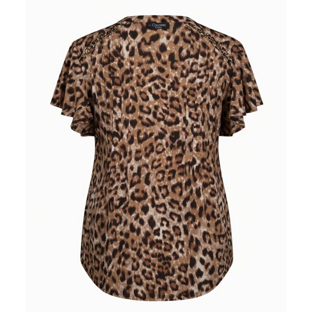 Cocomo Plus Size 2X Black Tan Animal Print Pintuck Short Flutter Sleeve Top - Picture 2 of 7